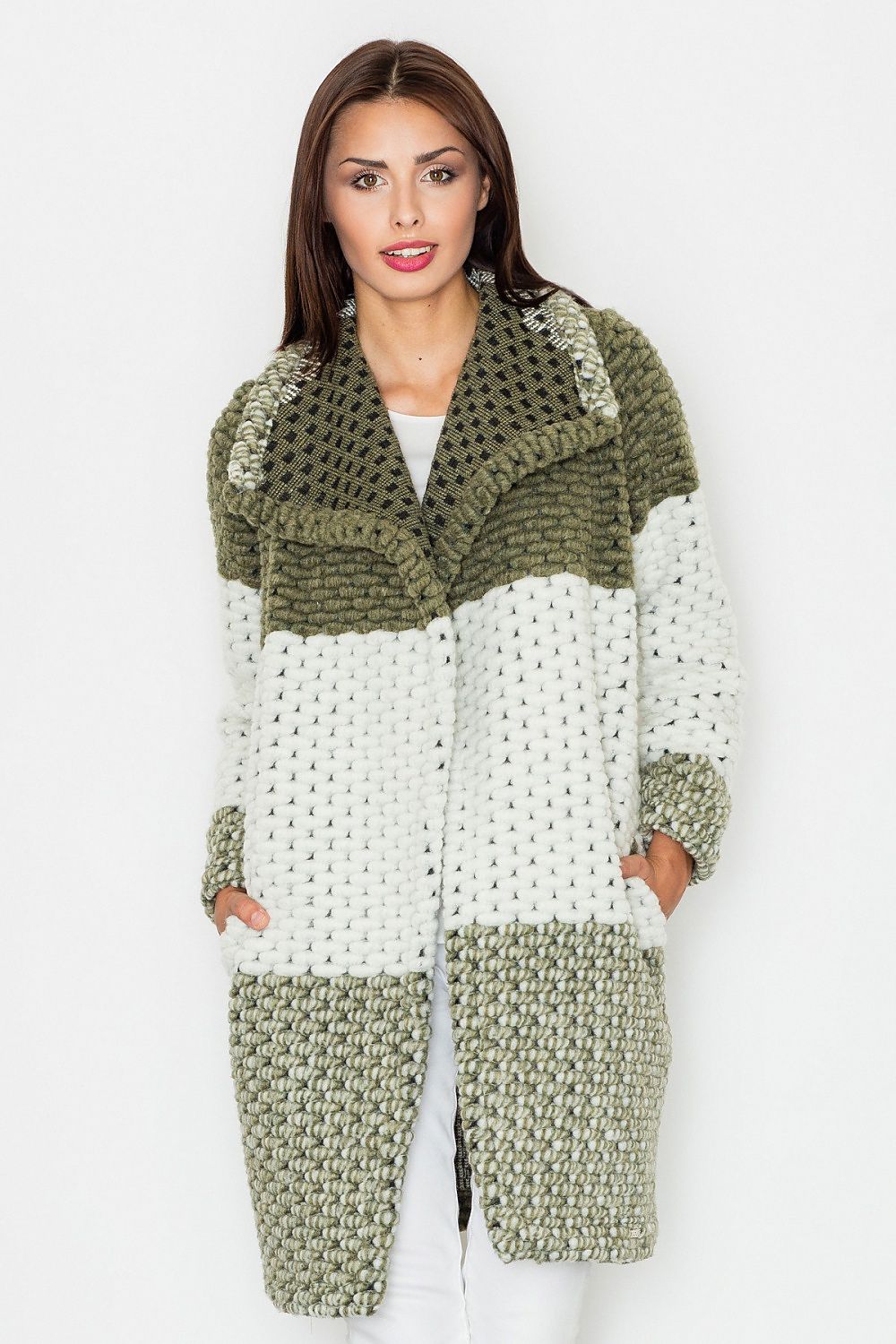 Model wearing Fioren Color-Blend Wool Coat with relaxed silhouette, classic collar, and side slip pockets, perfect for autumn fashion.