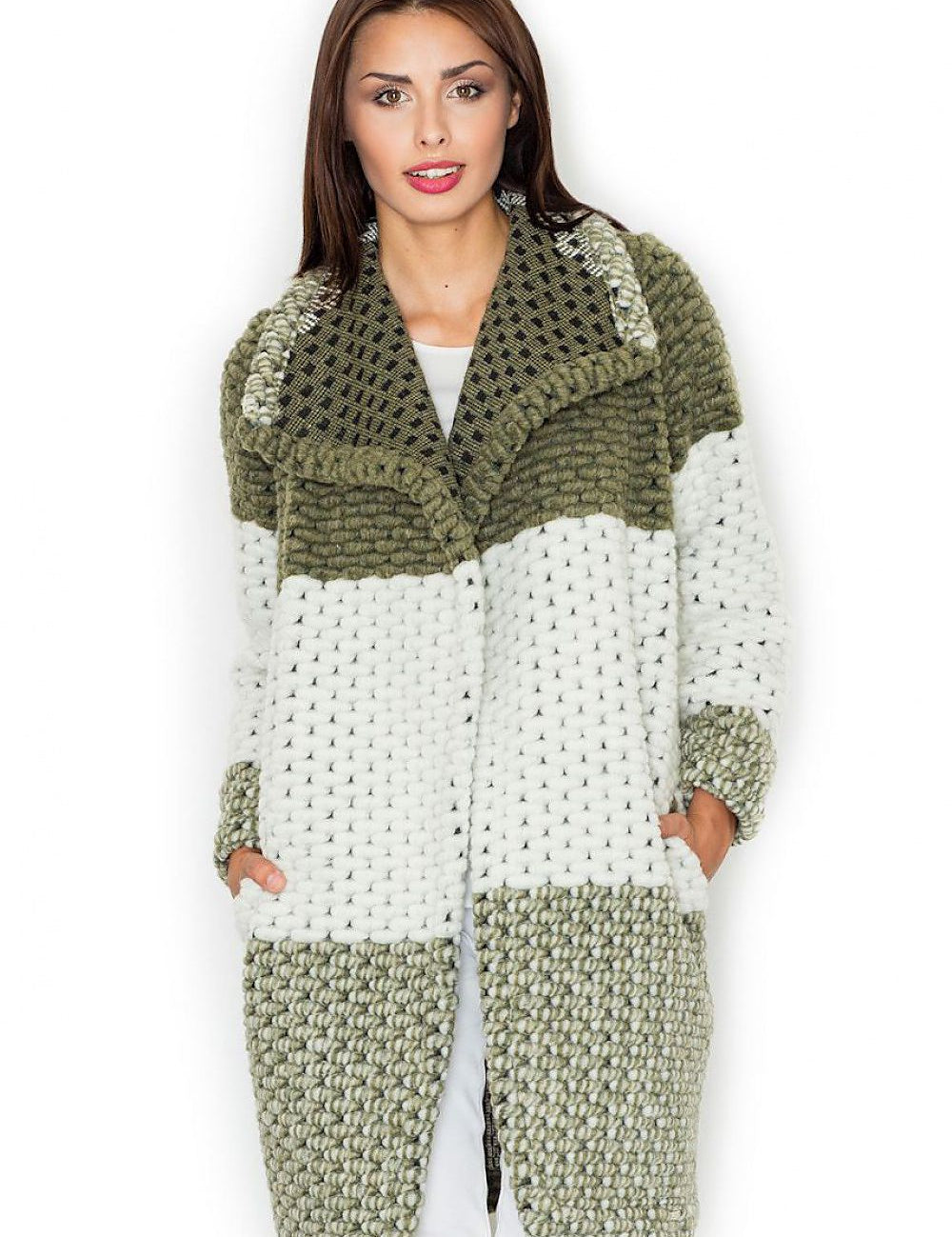 Model wearing Fioren Color-Blend Wool Coat with green and white thick weave, loose fit, classic collar, and side pockets.