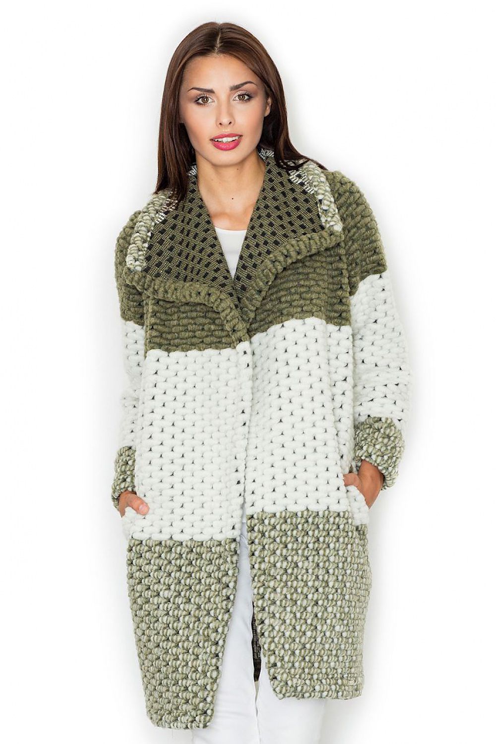 Model wearing Fioren Color-Blend Wool Coat with green and white thick weave, loose fit, classic collar, and side pockets.