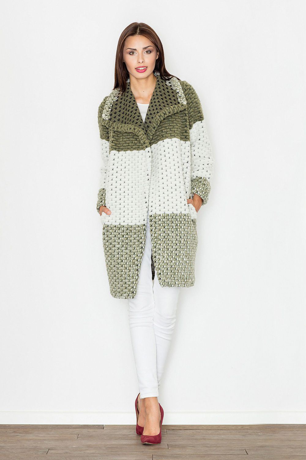Model wearing Fioren Color-Blend Wool Coat in green and white, showcasing relaxed fit, classic collar, and side slip pockets for autumn style.