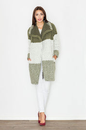 Model wearing Fioren Color-Blend Wool Coat in green and white, showcasing relaxed fit, classic collar, and side slip pockets for autumn style.