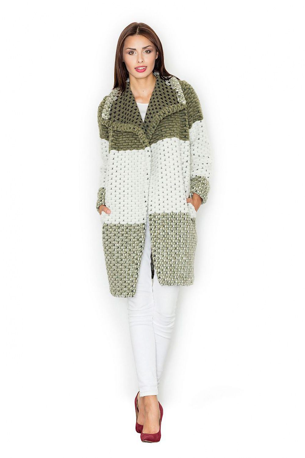 Woman wearing Fioren Color-Blend Wool Coat, featuring a relaxed silhouette, thick weave, and classic collar for autumn fashion.