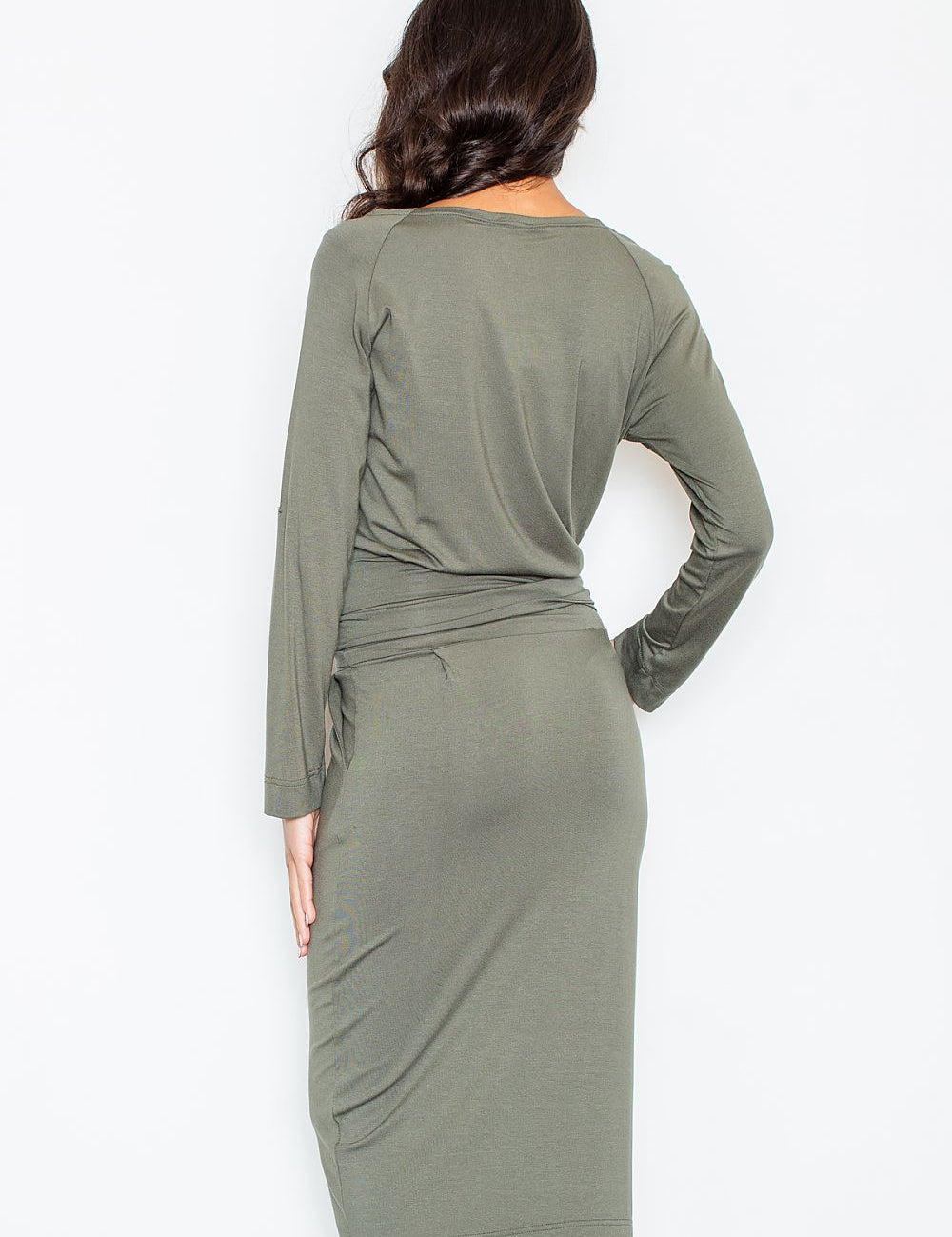 Back view of a woman wearing an olive green Melira Belted Boatneck Daydress with long sleeves and a tie waist.