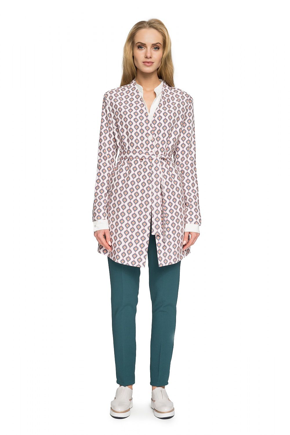 Woman wearing Orvianne Printed Belted Midi Coat with belted waist and tailored silhouette in elegant pattern.