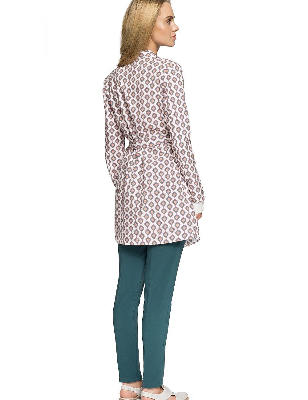 Back view of Orvianne Printed Belted Midi Coat showcasing its tailored fit and printed pattern.