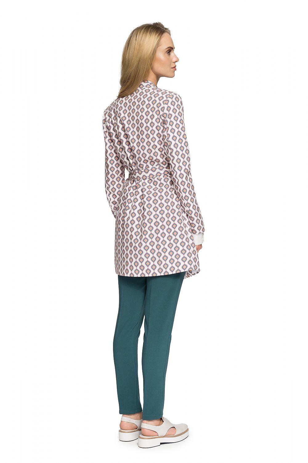 Back view of Orvianne Printed Belted Midi Coat showcasing its tailored fit and printed pattern.
