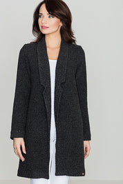 Woman wearing Morvalisse Midi Coat with large collar in dark fabric, showcasing elegant design and comfortable fit.