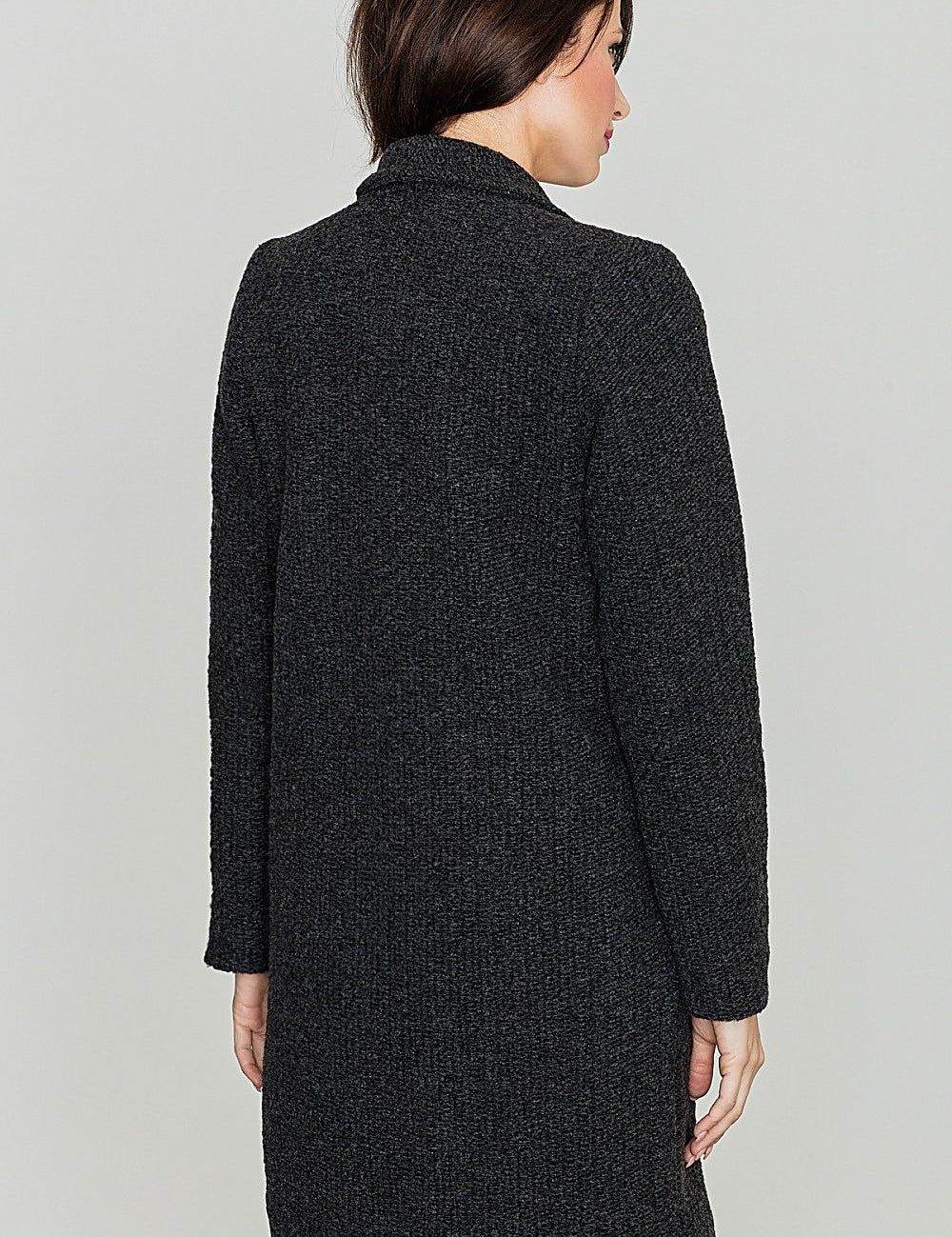 Back view of Morvalisse Midi Coat with Large Collar showcasing elegant open-front design and soft wool blend, ideal for cold weather.