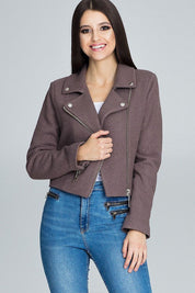 Woman wearing Veylisse Wool-Blend Zippered Ramonesque Jacket with decorative zips, ideal for a modern biker-inspired style.