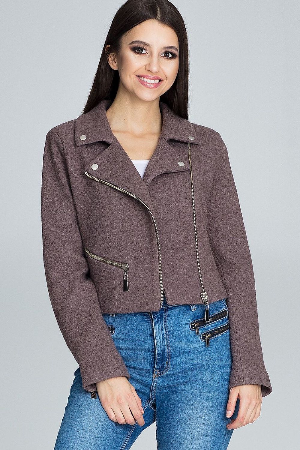Veylisse Wool-Blend Zippered Ramonesque Jacket with edgy biker design, sleek front zipper, and decorative sleeve zips, shown on model.