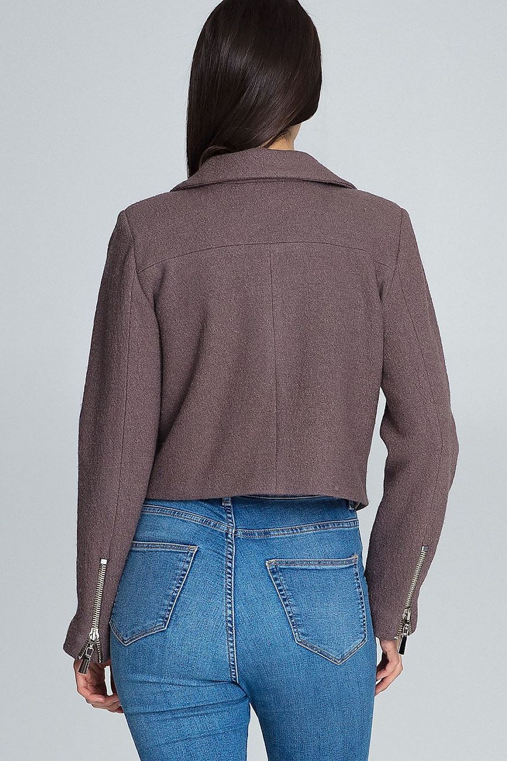 Back view of woman wearing Veylisse Wool-Blend Zippered Ramonesque Jacket in purple, showcasing modern design and decorative sleeve zips.