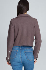 Back view of woman wearing Veylisse Wool-Blend Zippered Ramonesque Jacket in purple, showcasing modern design and decorative sleeve zips.
