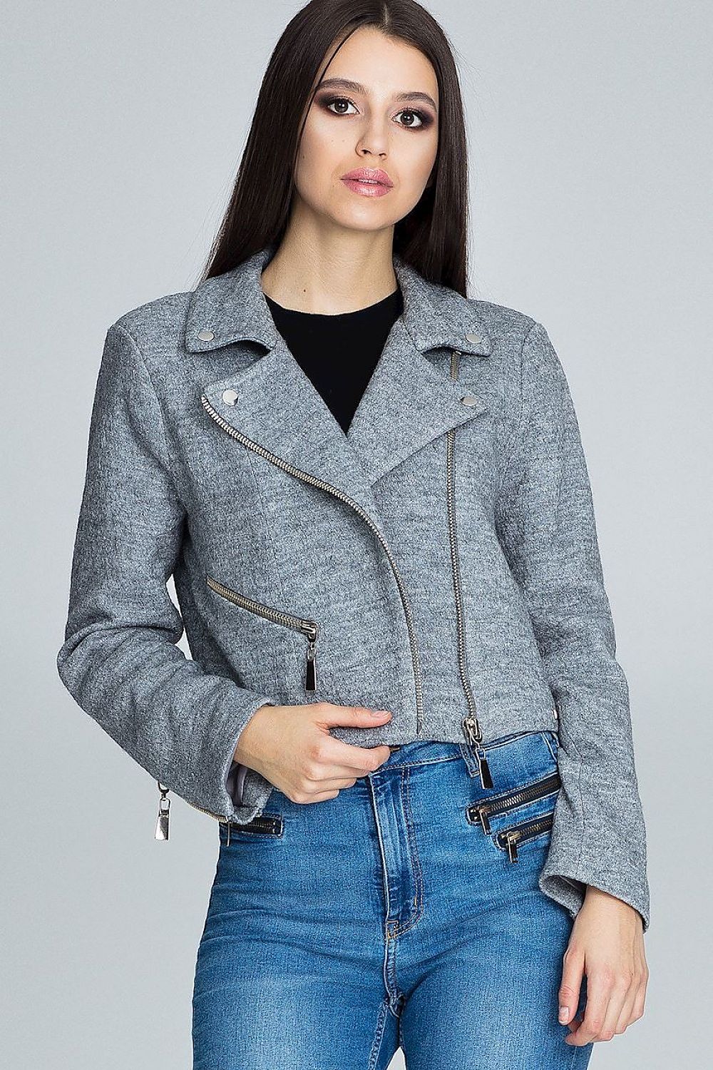 Woman wearing Veylisse Wool-Blend Zippered Ramonesque Jacket, showcasing edgy zipper details and stylish fit.