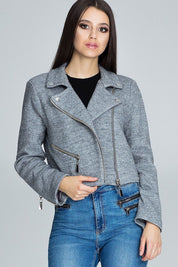 Woman wearing Veylisse Wool-Blend Zippered Ramonesque Jacket, showcasing edgy zipper details and stylish fit.
