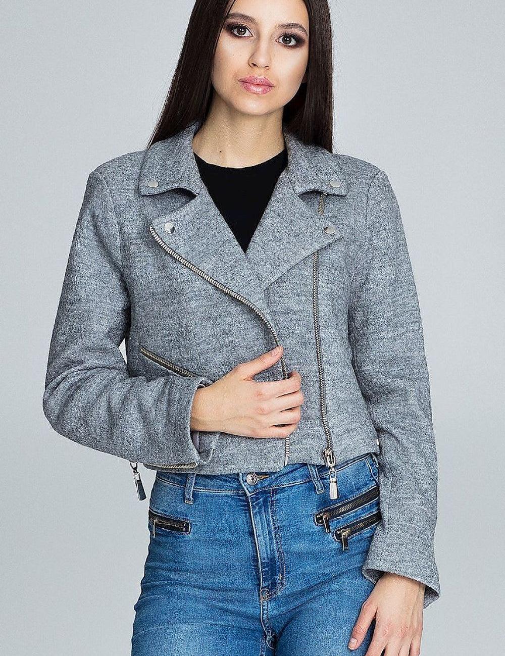 Veylisse Wool-Blend Zippered Ramonesque Jacket in gray with decorative sleeve zips, worn by model, modern biker-inspired fashion.