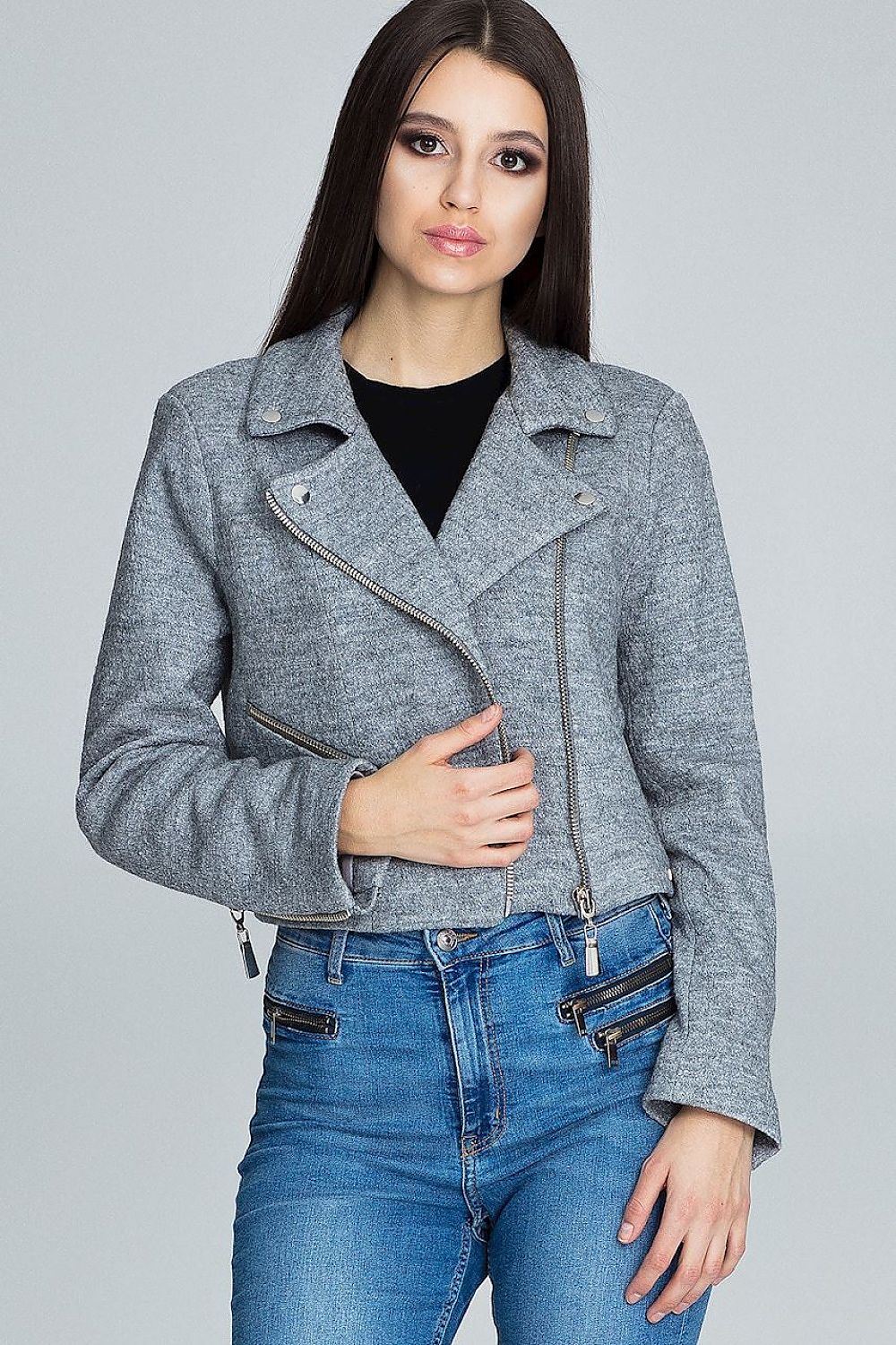 Veylisse Wool-Blend Zippered Ramonesque Jacket in gray with decorative sleeve zips, worn by model, modern biker-inspired fashion.
