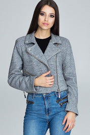 Veylisse Wool-Blend Zippered Ramonesque Jacket in gray with decorative sleeve zips, worn by model, modern biker-inspired fashion.