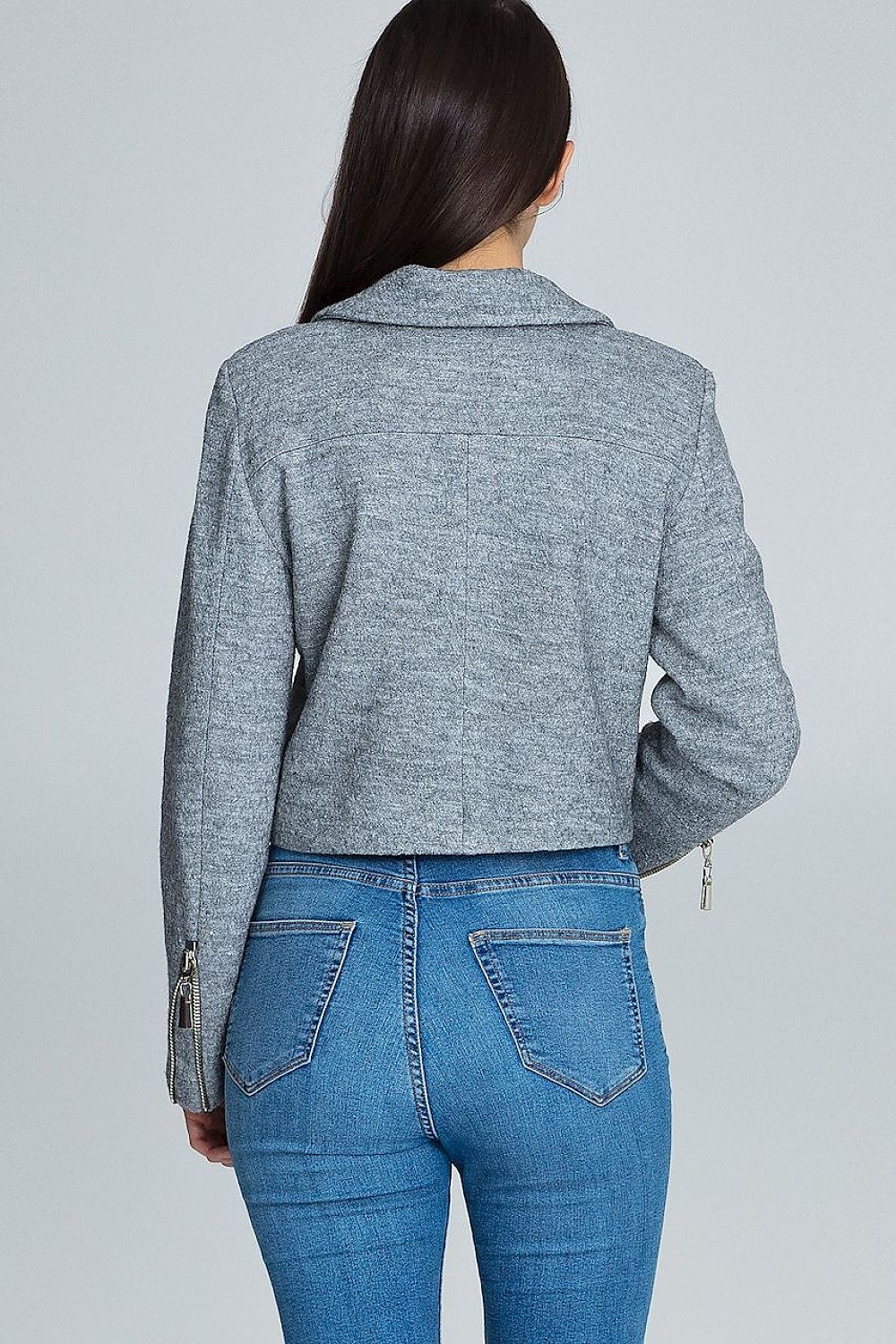 Woman wearing Veylisse Wool-Blend Zippered Ramonesque Jacket in grey, viewed from the back, highlighting sleeve zippers and fit.