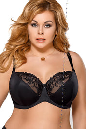 Plus Size Elvarinne Soft Embroidered Bra in black, featuring smooth matte fabric, elegant embroidery, and supportive knit lower cups.