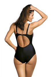 Back view of Plus Size Sorellia Photo Print One-Piece Swimsuit with open back design and adjustable straps, elegant and exclusive.