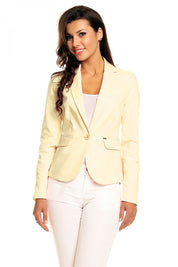 Woman wearing Plus Size Arvenelle Single-Button Jacket with deep collar and decorative patches, ideal for transitional seasons.