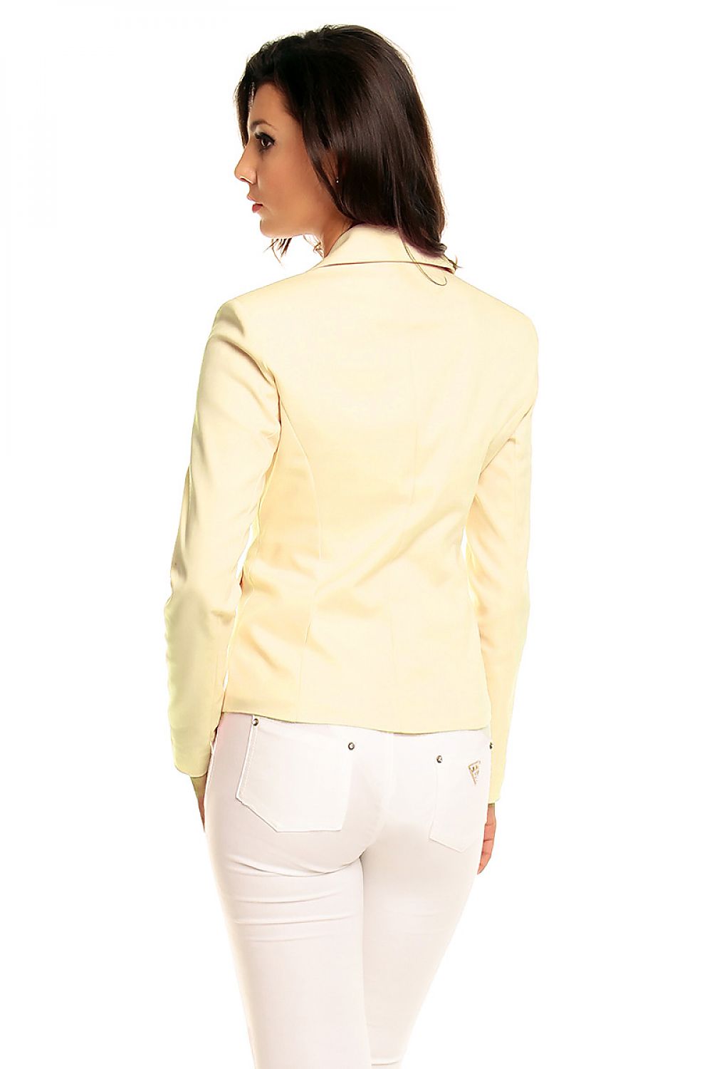 Rear view of a woman wearing a yellow plus size Arvenelle single-button jacket with elegant lines and pointed collar, ideal for spring.