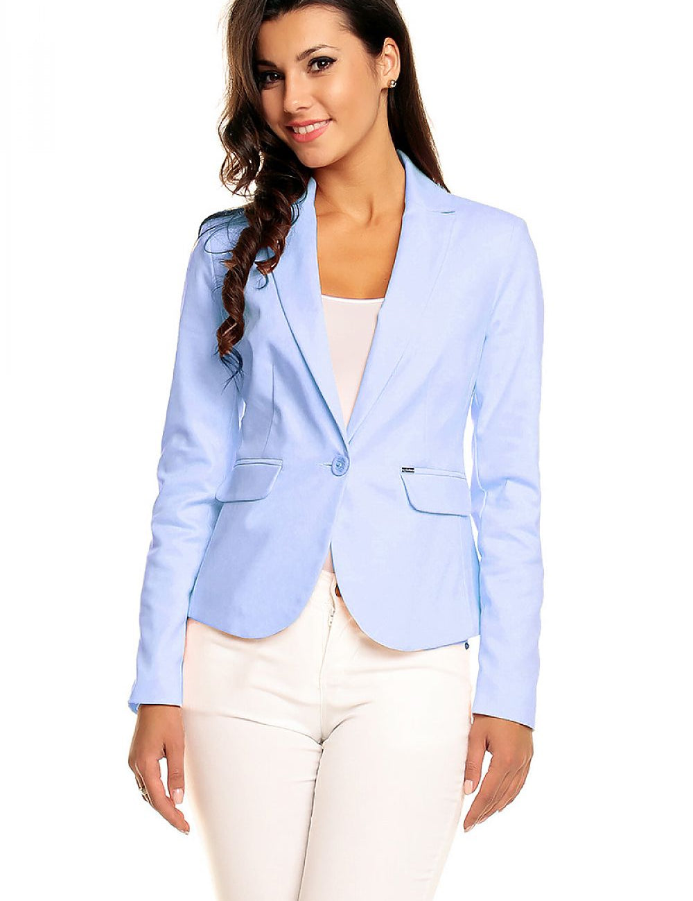 Woman wearing a light blue Arvenelle plus size single-button jacket with decorative pocket flaps.