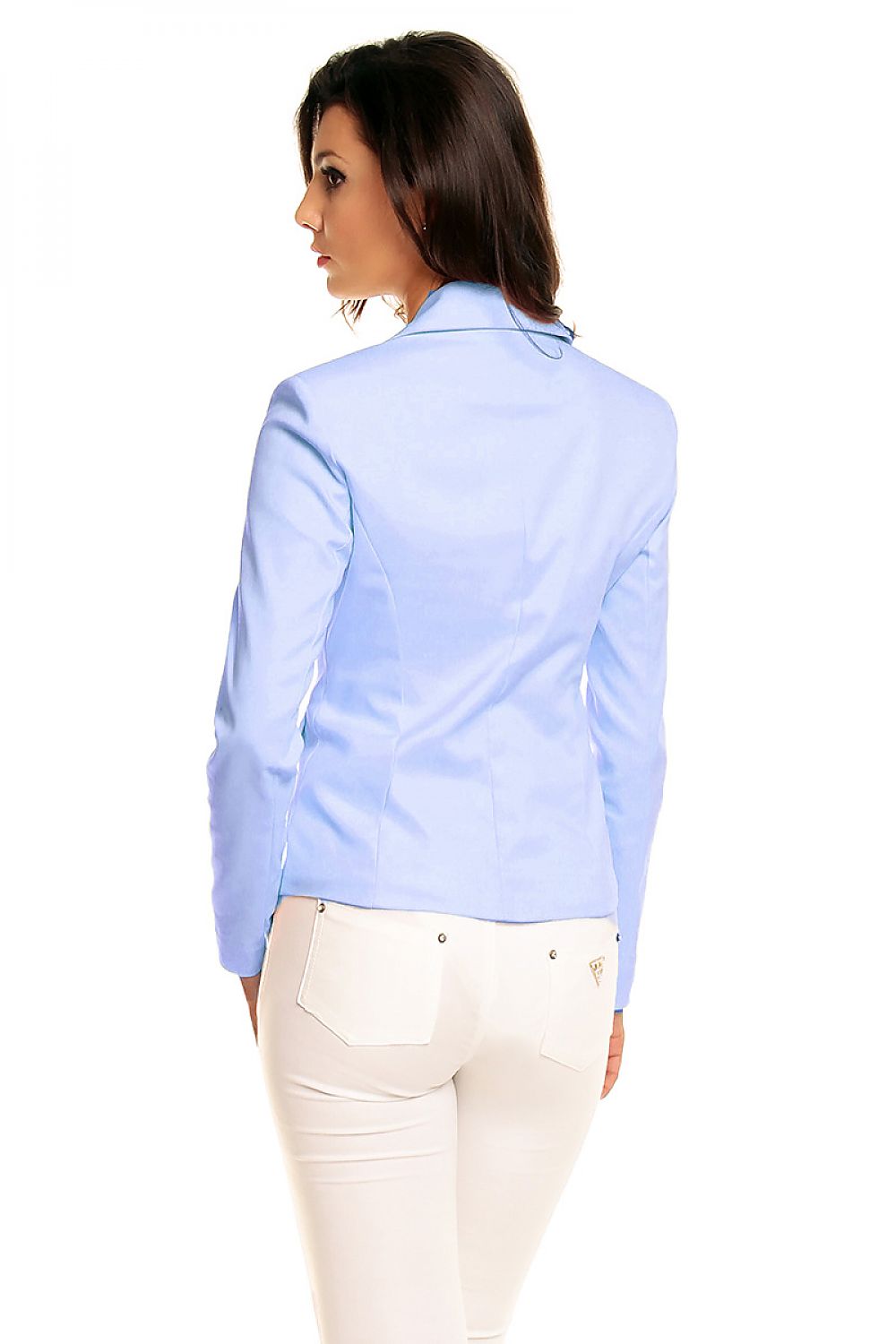 Woman wearing blue plus size single-button jacket with deep collar and decorative patches, back view.