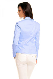 Woman wearing blue plus size single-button jacket with deep collar and decorative patches, back view.