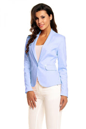 Plus Size Arvenelle Single-Button Jacket in light blue with elegant design and decorative pocket flaps, ideal for transitional seasons.