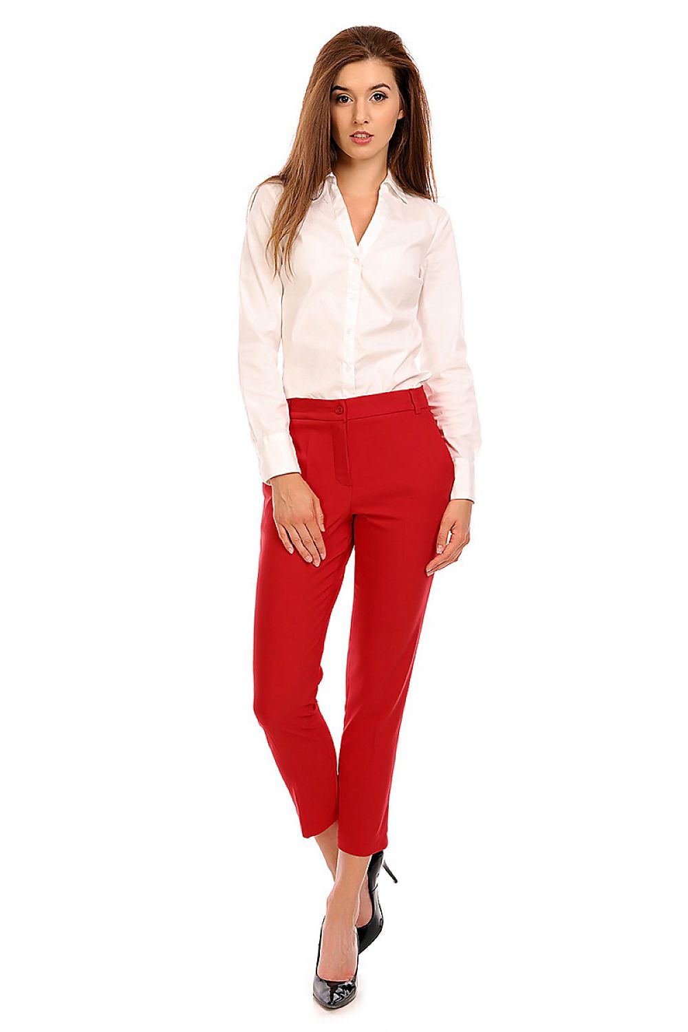 Model wearing Plus Size Marvielle High-Waist 7/8 Trousers in red, paired with a white blouse, showcasing elegant tailored fit and style.