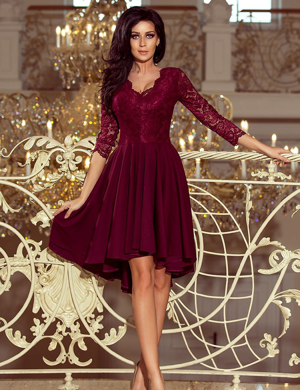 4 sleeves, and asymmetrical hem, perfect for elegant evenings or dances.