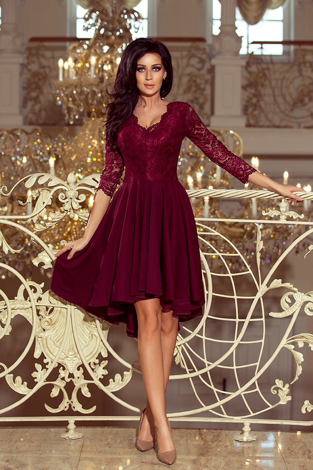 Nivelle burgundy lace high-low dress with lace bodice, 3/4 sleeves, and asymmetrical hem, perfect for elegant evenings or dances.