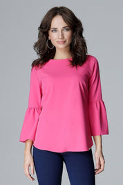 Woman wearing the Valenya Zip-Back Frill Blouse in pink, featuring 3/4-length sleeves with delicate frills, perfect for work or social occasions.