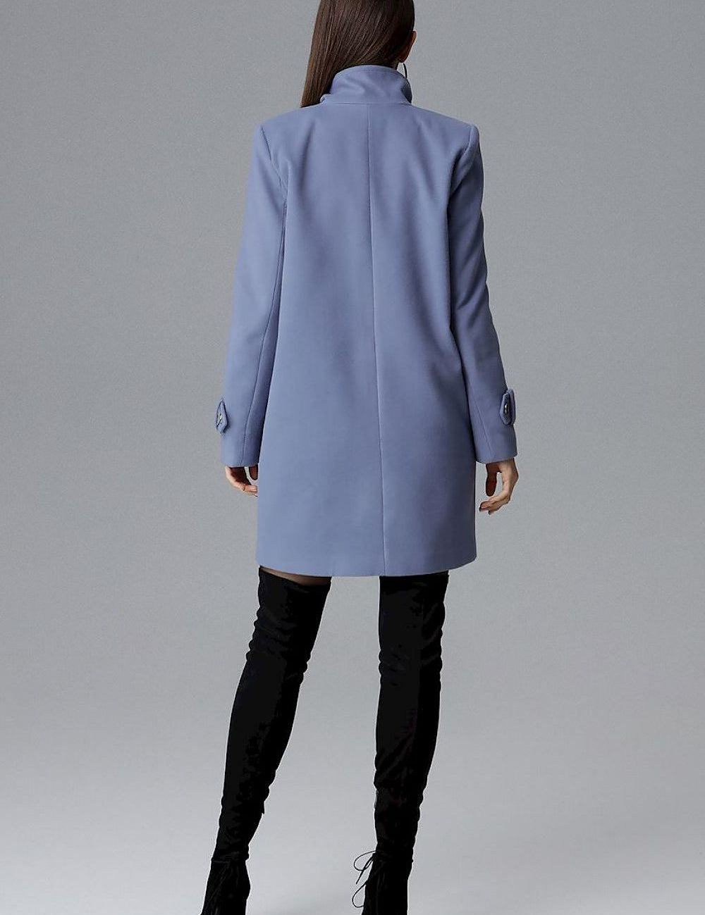 Back view of Calverra loose-fit coat with kimono sleeves in blue, showcasing elegant design, ideal for casual and refined outfits.