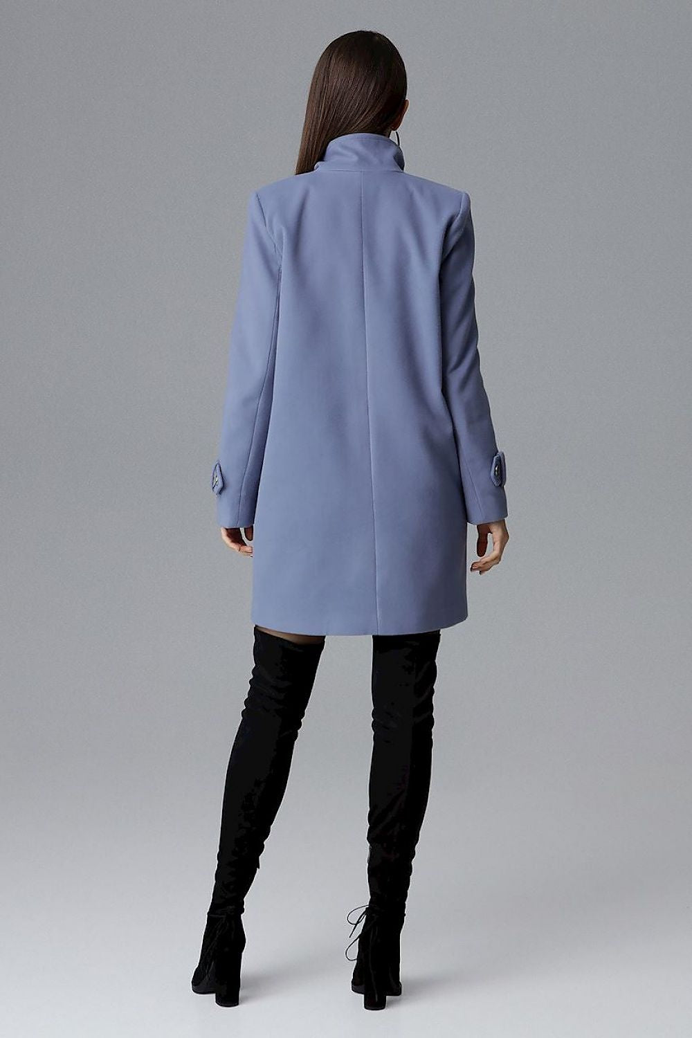 Back view of Calverra loose-fit coat with kimono sleeves in blue, showcasing elegant design, ideal for casual and refined outfits.