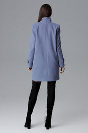 Back view of Calverra loose-fit coat with kimono sleeves in blue, showcasing elegant design, ideal for casual and refined outfits.