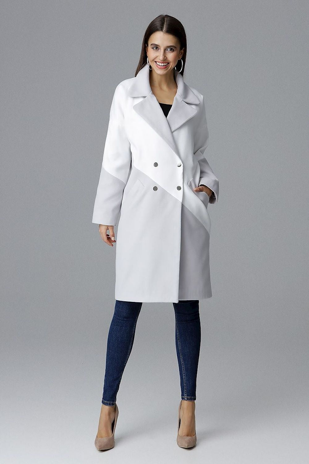 Woman wearing Ornavine two-tone coat with turn-up collar and silver snap fasteners, showcasing elegant and stylish outerwear for everyday wear.