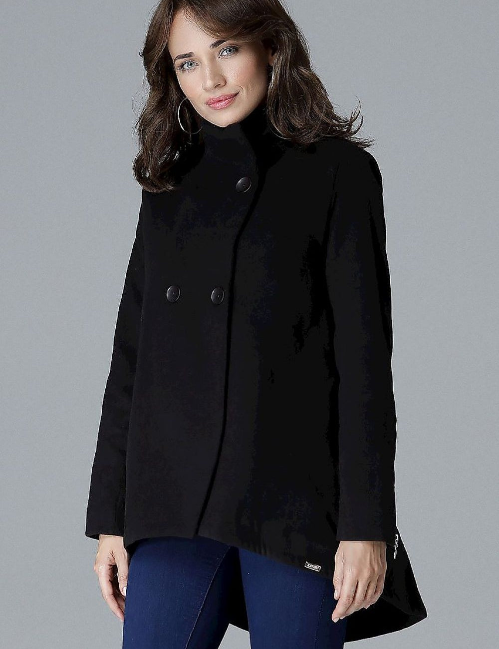 Woman wearing Arvennise Stand-Collar Jacket with modern zipper details, two-button placket, and extended back hem. Fashion-forward outerwear.