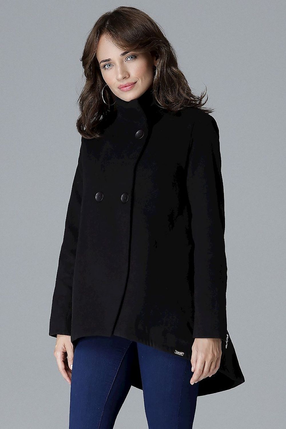 Woman wearing Arvennise Stand-Collar Jacket with modern zipper details, two-button placket, and extended back hem. Fashion-forward outerwear.