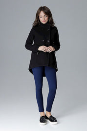Woman wearing Arvennise stand-collar jacket with zipper details and button placket, styled casually with blue leggings.