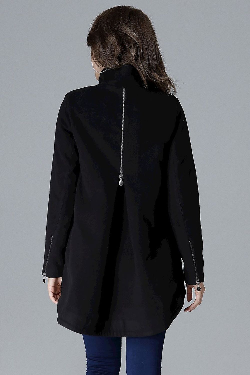 Back view of Arvennise jacket featuring stand collar and modern zipper details on sleeves and hem, showcasing contemporary style.