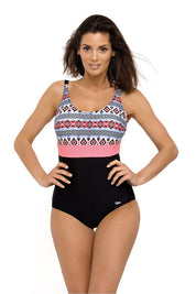 Plus Size Virelle One-Piece Swimsuit with vibrant patterned top, slimming black bottom, adjustable straps, and padded cups.