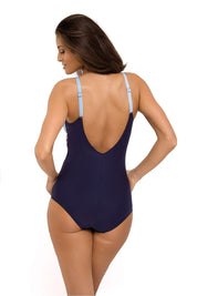 Back view of plus size Sorellia one-piece swimsuit in blue, featuring adjustable straps and elegant design.