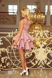 Lilac Dreams lace evening dress with flared skirt, perfect for weddings, cocktail parties, or formal gatherings.