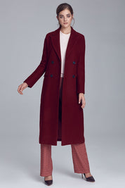 Woman wearing Marcelaine long double-breasted wool-blend coat in burgundy, showcasing elegant autumn fashion.