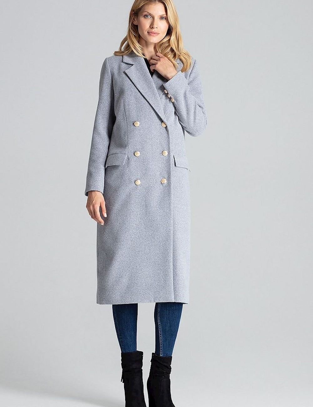 Model wearing Vernadell Gray Double-Breasted Coat with gold buttons and patch pockets, showcasing a classic tailored silhouette.