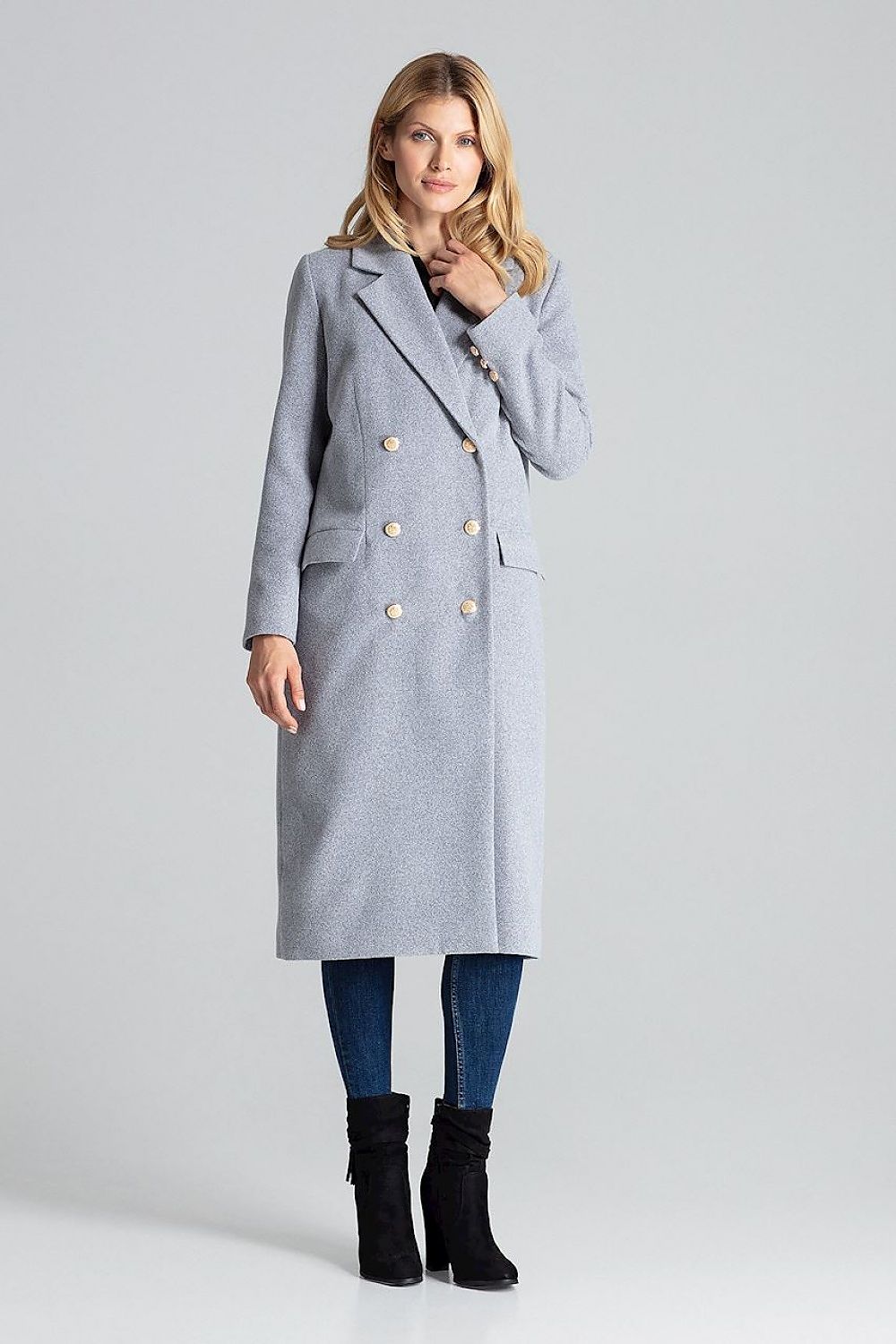 Model wearing Vernadell Gray Double-Breasted Coat with gold buttons and patch pockets, showcasing a classic tailored silhouette.
