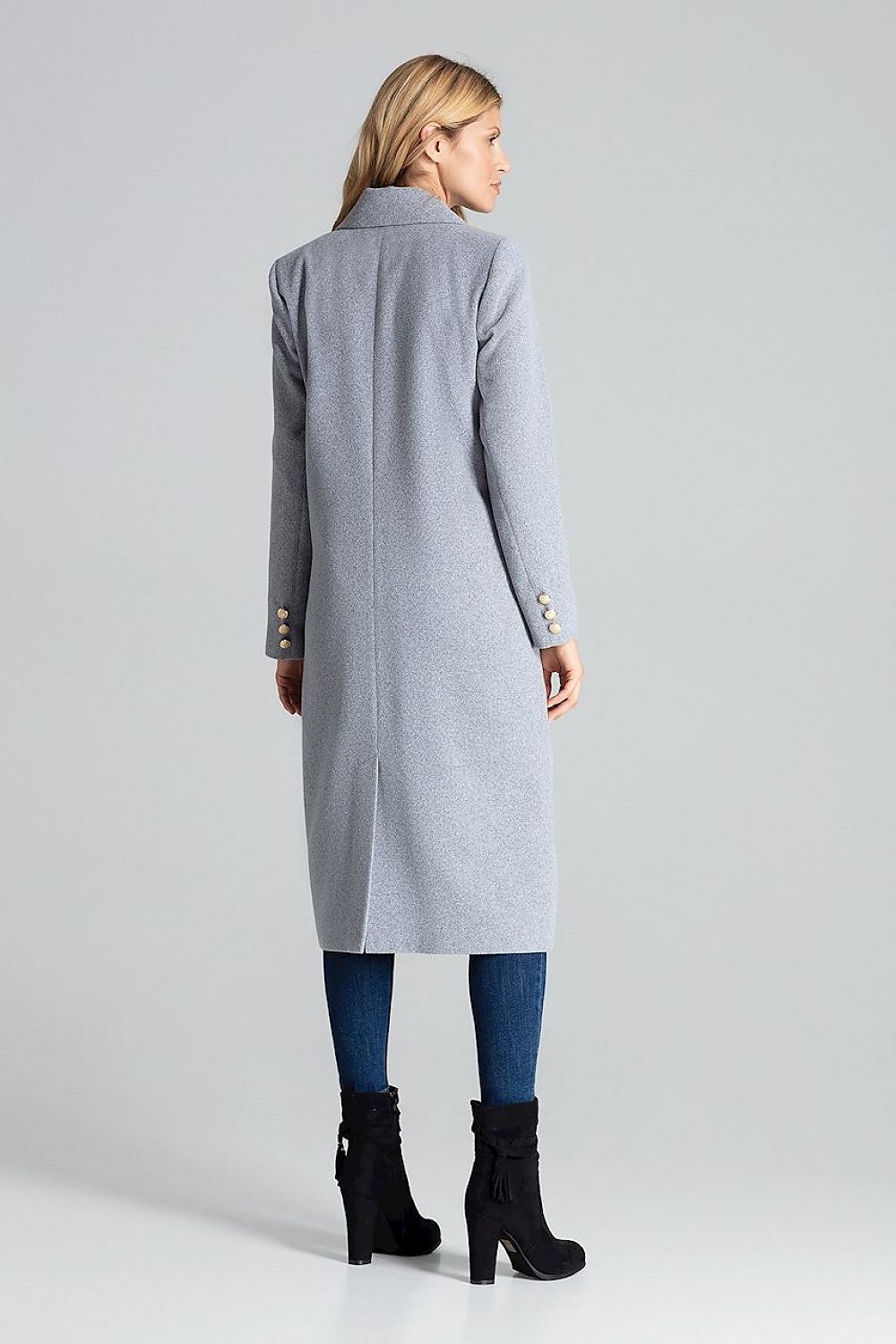 Back view of Vernadell gray double-breasted coat with gold buttons, tailored collar, and decorative sleeve detailing, worn by a model.