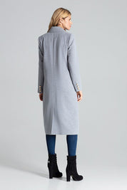 Back view of Vernadell gray double-breasted coat with gold buttons, tailored collar, and decorative sleeve detailing, worn by a model.